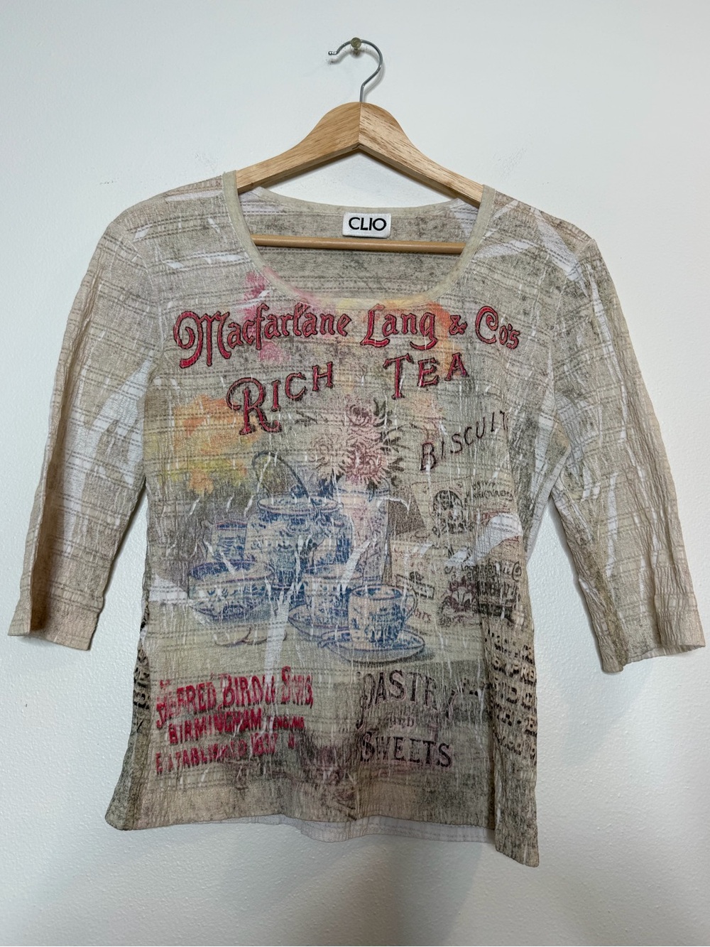 Vintage Clio Macfarlane Lang & Co y2k graphic 3/4 sleeve burnout tee size small